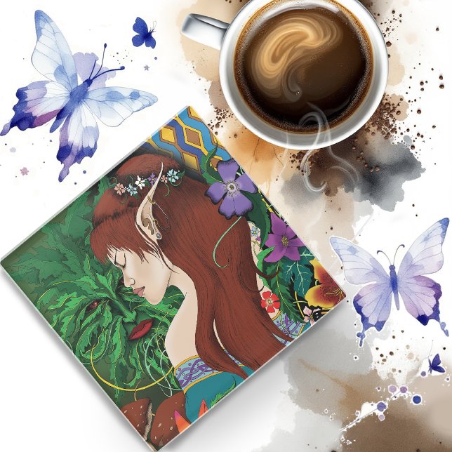 Green Man Elf Fantasy Floral Illustration Glass Coaster (Creator Uploaded)