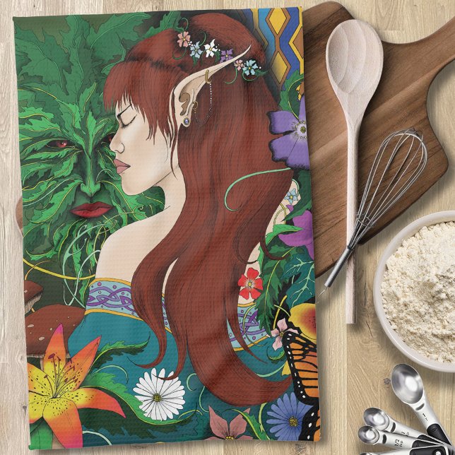Green Man Elf Fantasy Floral Illustration Kitchen Towel (Creator Uploaded)