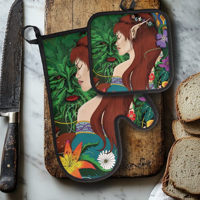 Green Man. Elf Fantasy Floral Illustration Oven Mitt & Pot Holder Set (Creator Uploaded)