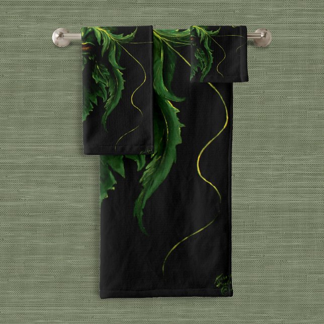 Green Man Fae Leaves Black Bath Towel Set (Creator Uploaded)