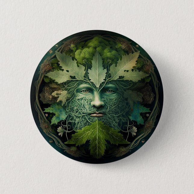 Green Man Mandala Fantasy Art Button (Front)