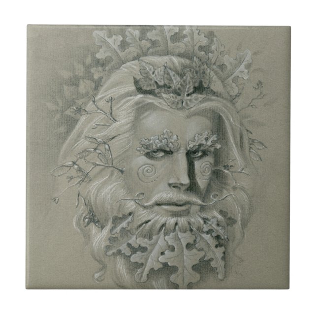 Green Man with Oak Leaf Beard Ceramic Tile (Front)