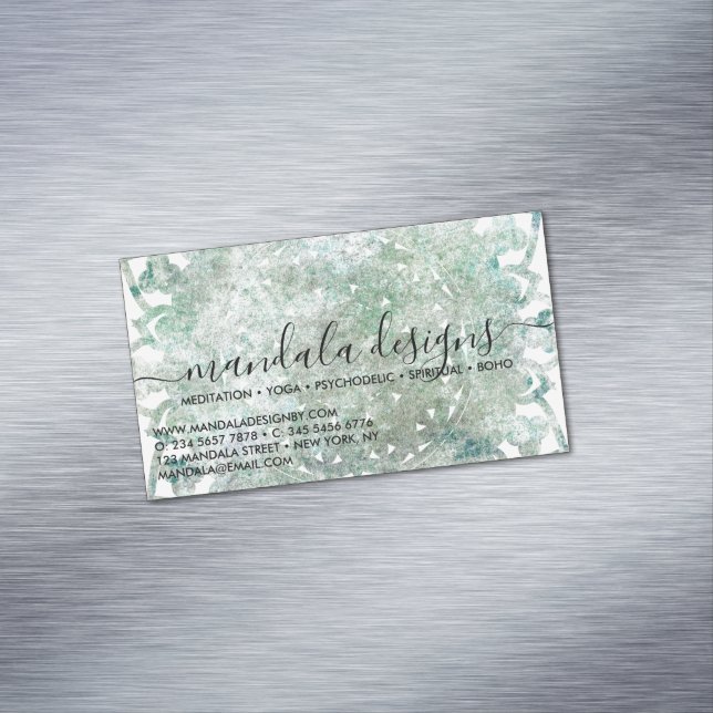 Green Mandala Floral Script Business Card Magnet (In Situ)