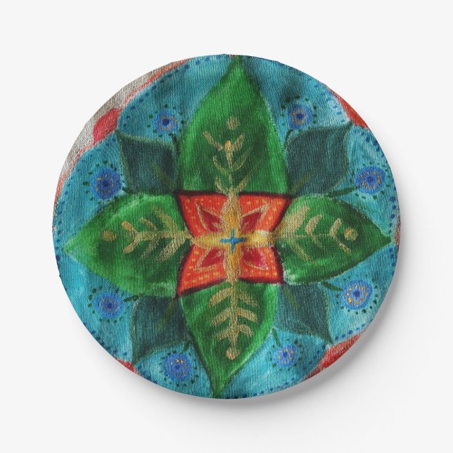 Green Mandala Flower  Custom Paper Plates 7 in (Front)