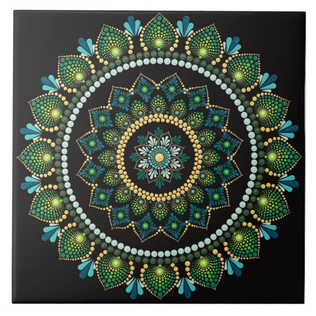 Green Mandala | Handpainted | Sacred Geometry Ceramic Tile (Front)
