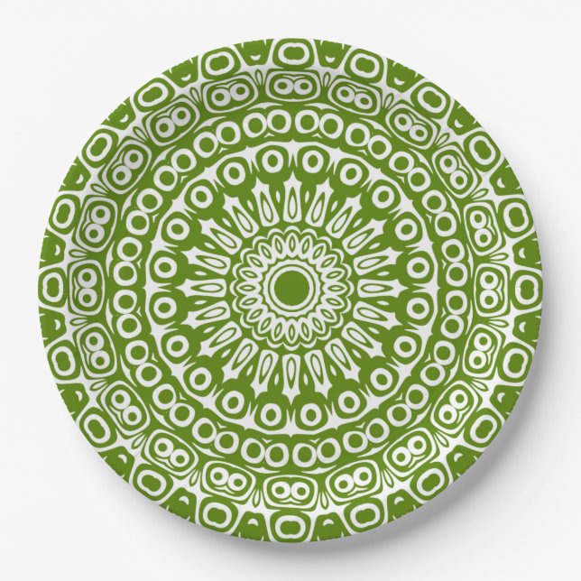 Green Mandala Nature Pattern Paper Plates (Front)