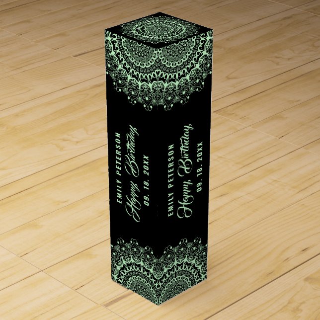 Green Mandala on Black Damasks Background Wine Box (Back)