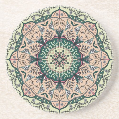 Green Mandala sandstone coaster