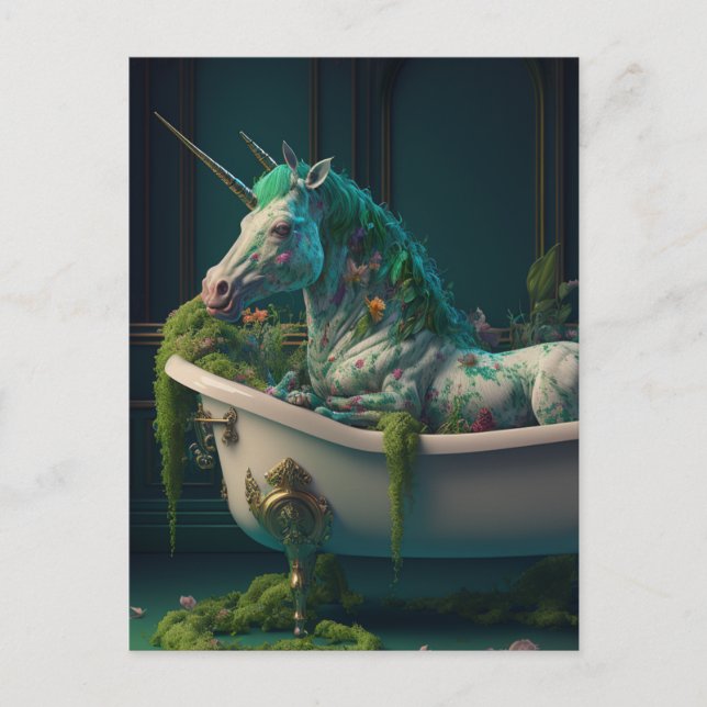 Green Mane Unicorn with Extra Horn in the Tub Postcard (Front)