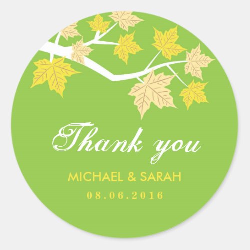 Green Maple Leaves Fall Wedding Thank You Sticker