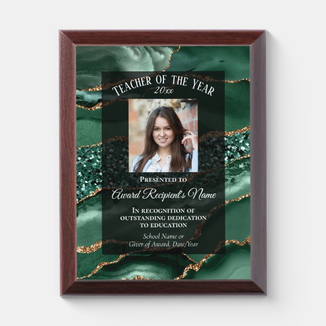 Green Marble Agate Teacher of the Year Photo Award Plaque (Vertical)