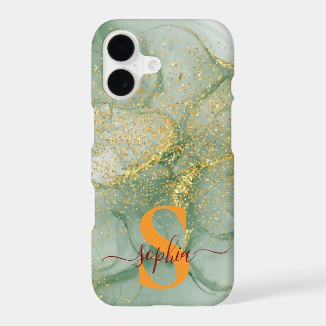 Green marble chic gold glitter monogram Case-Mate iPhone case (Back)