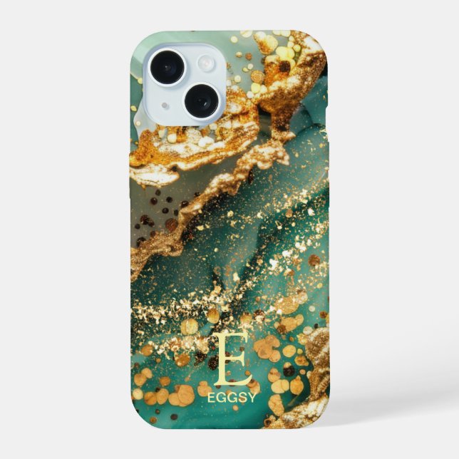Green marble chic gold glitter monogram iphone case (Back)