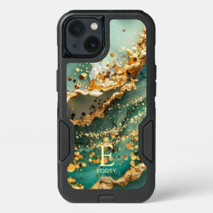 Green marble chic gold glitter monogram iPhone 13 case