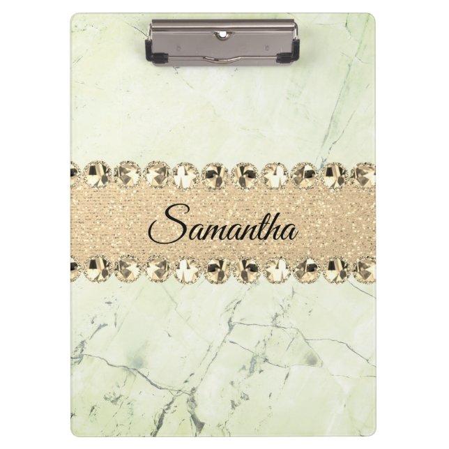 Green Marble Diamond Bling  Personalized        Clipboard (Front)