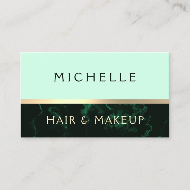 Green marble faux texture gold stripe business card (Front)