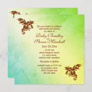 Green Marble Flaming Dragon Fantasy Wedding  Invitation