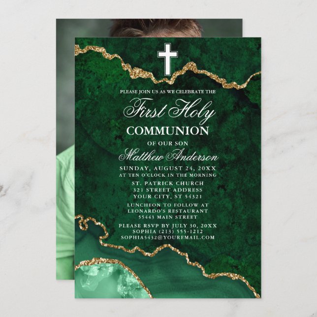 Green Marble Geode Photo First Holy Communion Invitation (Front/Back)