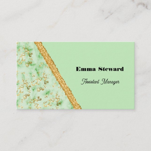 Green Marble Glam Gold & Glitter Business Card (Front)