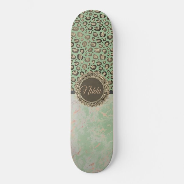  Green Marble Glittery Gold Leopard Custom       Skateboard (Front)