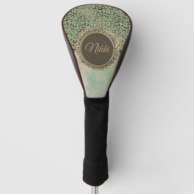  Green Marble Glittery Leopard Personalized        Golf Head Cover (Front)