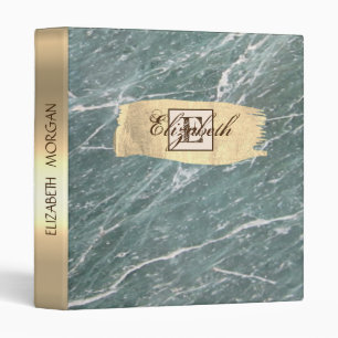 Green Marble,Gold Brush Stroke, Monogram 3 Ring Binder
