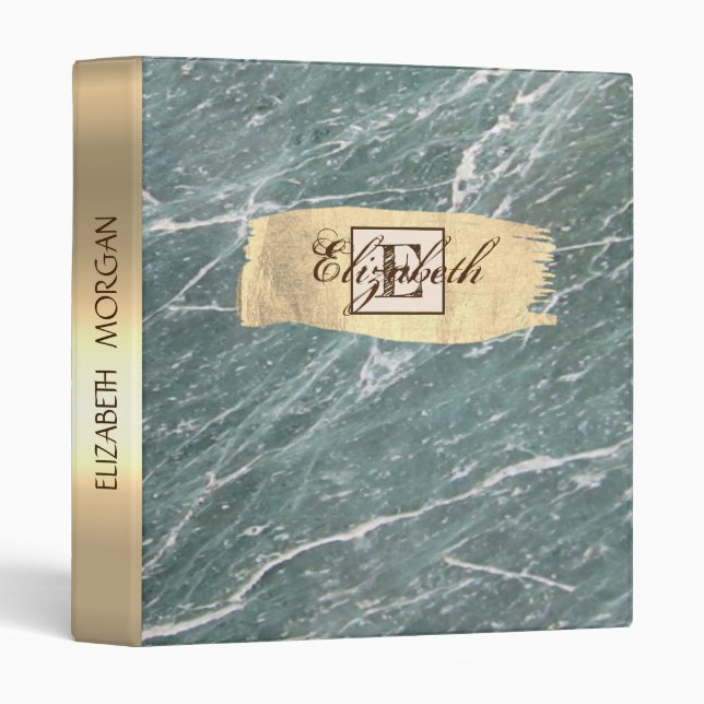 Green Marble,Gold Brush Stroke, Monogram 3 Ring Binder (Front/Spine)