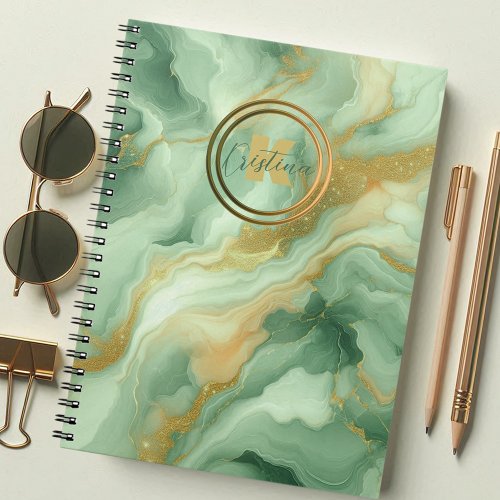 Green Marble Gold Glitter Accents Name and Initial Notebook