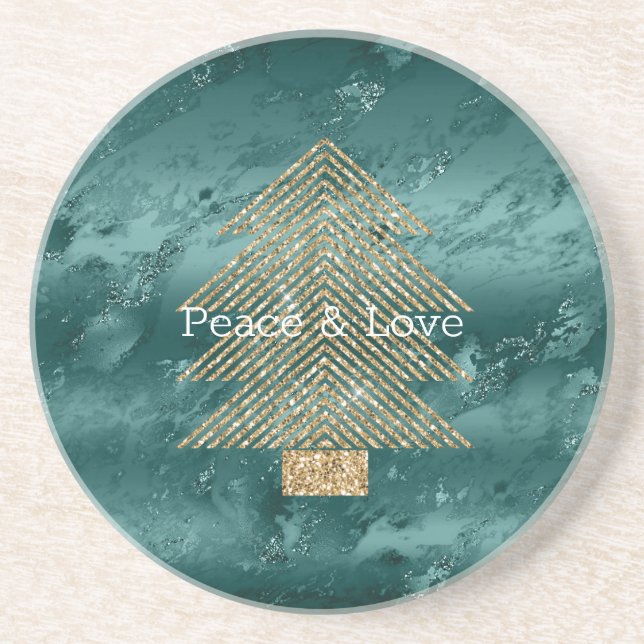 Green Marble Gold Glitter Christmas Tree Coaster (Front)