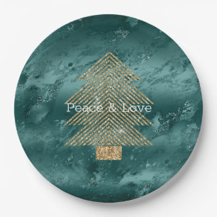 Green Marble Gold Glitter Christmas Tree Paper Plates