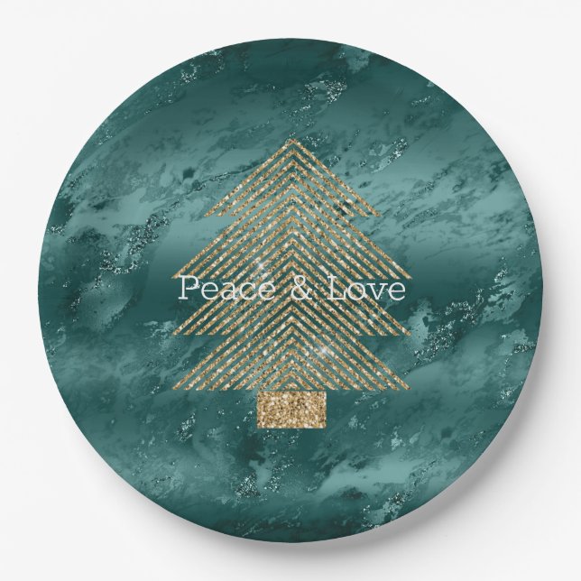 Green Marble Gold Glitter Christmas Tree          Paper Plates (Front)