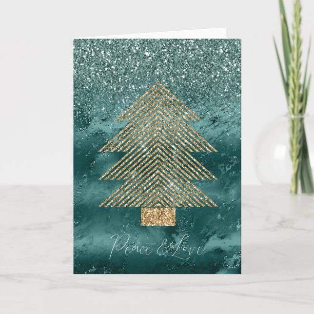 Green Marble Gold Glitter Christmas Tree Peace Card (Front)
