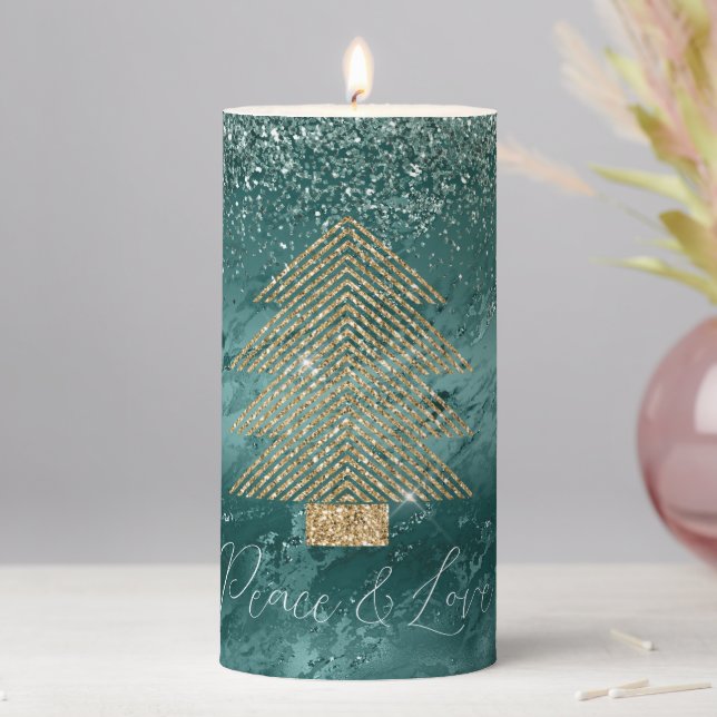 Green Marble Gold Glitter Christmas Tree Peace  Pillar Candle (In Situ)