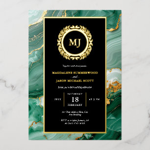 Green Marble Gold Laurel Crest & Black Invitation