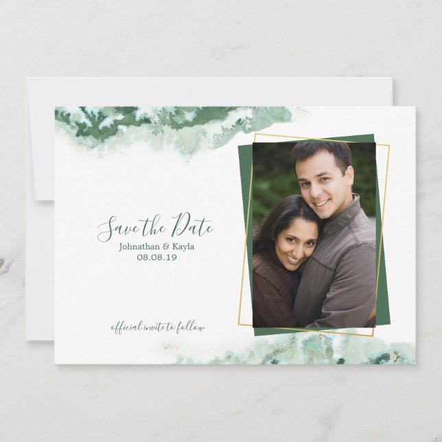 Green Marble Ombre Gold Frame Save the Date Announcement (Front)
