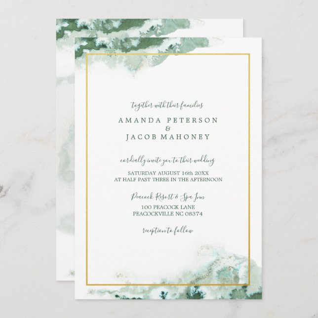 Green Marble Ombre Gold Frame Wedding Invitation (Front/Back)