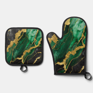 Green Marble Pattern with Gold Oven Mitt & Pot Holder Set