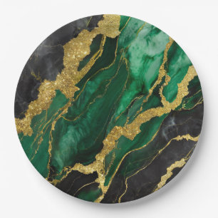Green Marble Pattern with Gold Paper Plates