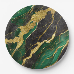 Green Marble Pattern with Gold Paper Plates