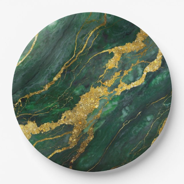 Green Marble Pattern with Gold Paper Plates (Front)