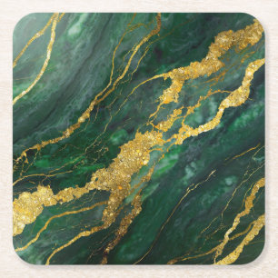 Green Marble Pattern with Gold Square Paper Coaster