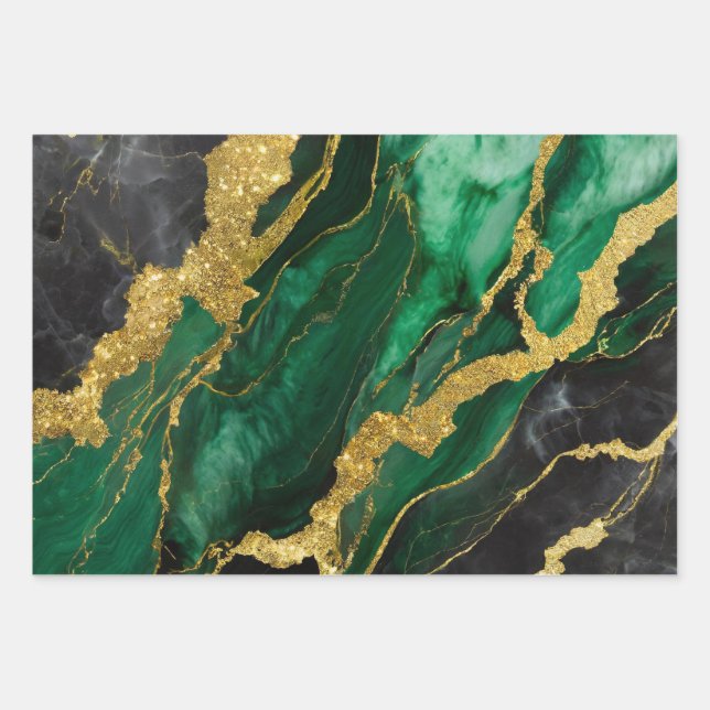 Green Marble Pattern with Gold Wrapping Paper Sheets (Front)