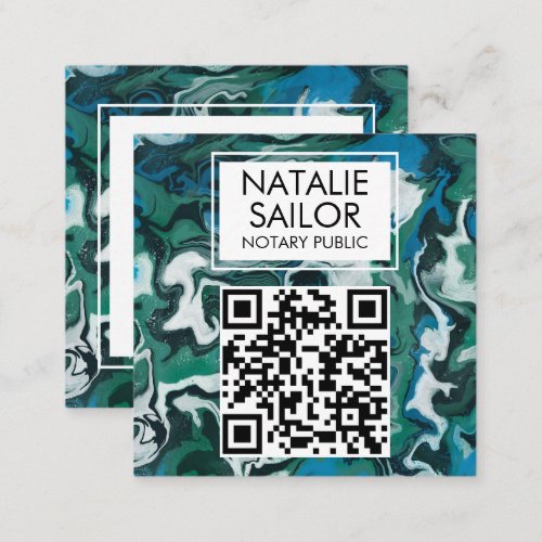 Green Marble Unique QR CODE Modern Notary Public  Square Business Card