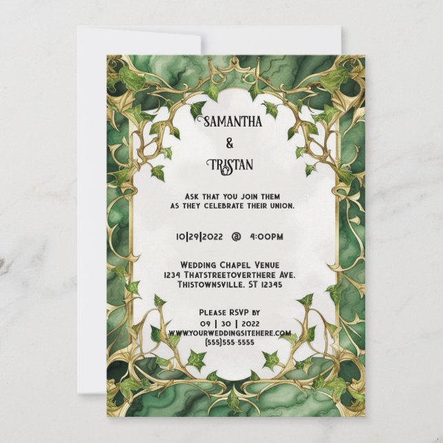 Green Marble Watercolor Ivy Trim Elegant Wedding Invitation (Front)