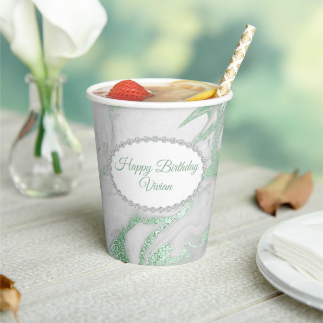 Green Marbled Personalized Special Occasion  Paper Cups (Insitu)