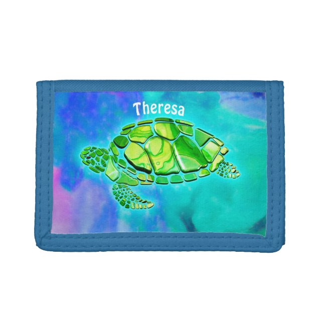 Green Marbled Turtle Personalized Trifold Wallet (Front)