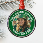 Green Marching Band Photo High School Christmas Metal Ornament<br><div class="desc">This cool customized high school marching band photo features white typography of your team and player name on a green Christmas ornament gift. Personalize with your student's photograph and class year as a proud parent.</div>