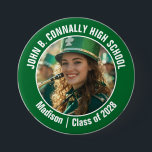 Green Marching Band Photo High School Spirit Button<br><div class="desc">This cool customized high school marching band photo features white typography of your team and player name on a green button. Personalize with your student's photograph and class year as a proud parent. A mom and dad can wear these buttons to competition and games.</div>