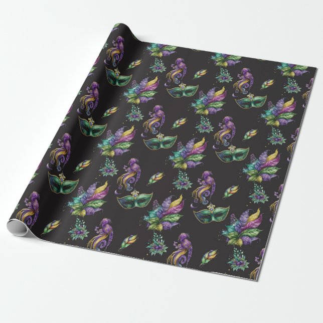 Green Mardi Gras Mask Wrapping Paper (Unrolled)