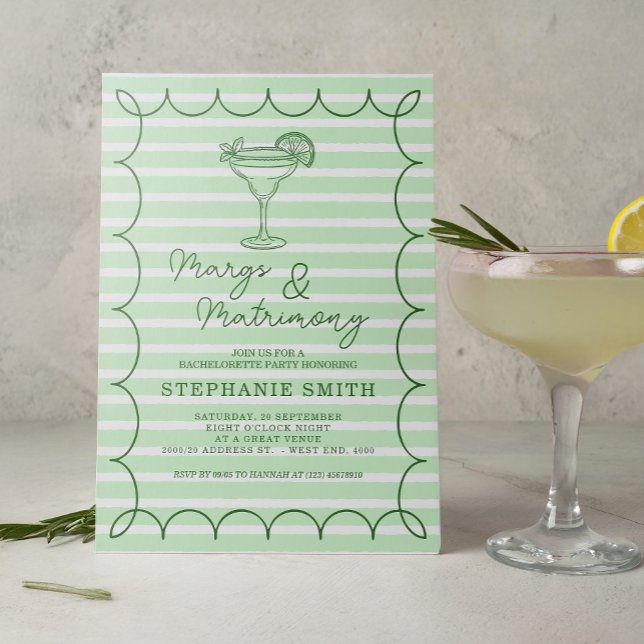 Green Margs and Matrimony Bachelorette Party  Invitation (Set the tone for a lively pre-wedding celebration with this mint green “Margs & Matrimony” invite)